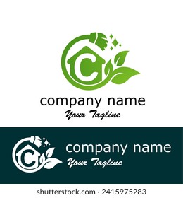 Initial C Letter with leaves and broom for  home maintenance, home care, or cleaning service modern logo idea