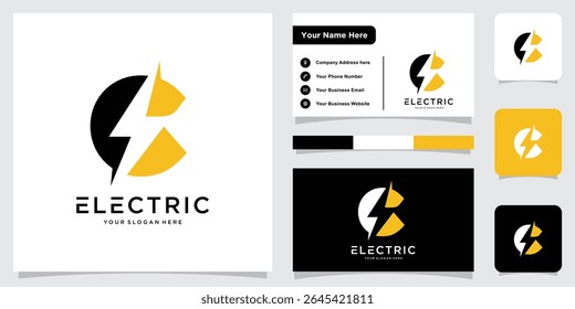 Initial C Letter with Lightning Bolt Logo Vector Design with business card design