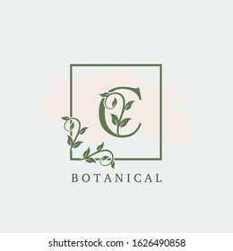 Initial C Letter Logo Botanical Nature Leaf,  vector design concept square Frame with alphabet letter logo icon for  nature business.