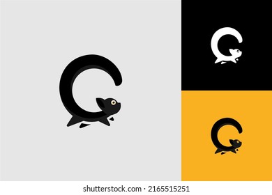 Initial C Letter Logo with cat, minimalist letter logo template design, black cat logo vector