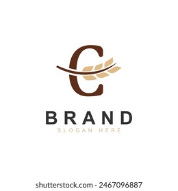 Initial C Letter with Wheat Grain for Bakery, Bread, Logo Design Vector Icon Illustration
