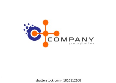 Initial C Logo, Combination  Letter C From Circle Particle And  Cross Icon From Connected Dots , Usable For Business And Technology Logos, Vector Illustration