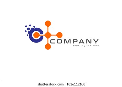 Initial C logo, combination  letter C from circle particle and  cross icon from connected dots , usable for business and technology logos, vector illustration