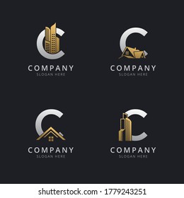 Initial C logo with real estate elements in gold and silver color