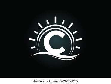 Initial C monogram alphabet with abstract sun and wave. Ocean sun logo design. Font emblem. Modern vector logo for a business, and company identity