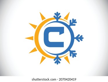 Initial C monogram alphabet with abstract sun and snow. Air conditioner logo sign symbol. Hot and cold symbol. Modern vector logo for conditioning business and company identity