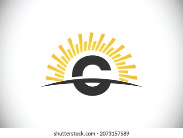 Initial C monogram alphabet with the abstract sun and swoosh. Sunburst logo sign symbol. Modern vector logo for business and company identity