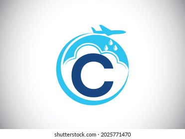 Initial C monogram alphabet with an airplane and cloud. Artificial rainmaking. Cloud seeding logo. Modern vector logo for the business, and company identity