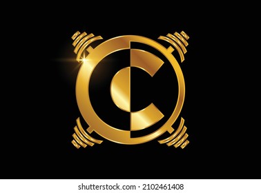 Initial-C-Monogramm-Alphabet mit Barbell. Heben des Vektorlogos-Designs. Modernes Vektorlogo für den Aufbau, den Fitnessraum, den Fitnessclub, die Geschäftswelt und die Unternehmensidentität