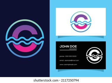 Initial C monogram alphabet in a circle with water waves. Water wave logo design