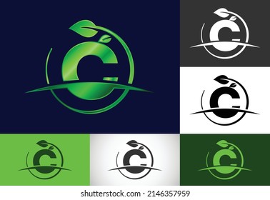 Initial C monogram alphabet with circle leaf and swoosh. Eco-friendly logo concept. Modern vector logo for ecological business and company identity