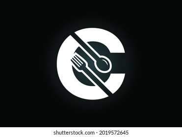 Initial C monogram alphabet with a fork, spoon. Font emblem. Modern vector logo for cafe, restaurant, cooking business, and company identity