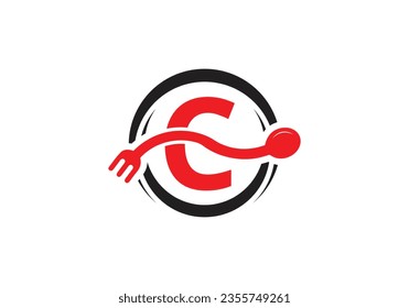 Initial C monogram alphabet with a fork, spoon, logo. Café Icon, Restaurant, Cooking Business Vector