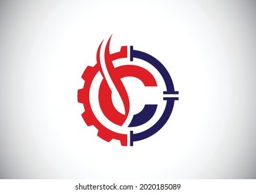 Initial C monogram alphabet with gear pipe and flame. Oil and gas logo concept. Font emblem. Modern vector logo for petroleum business and company identity