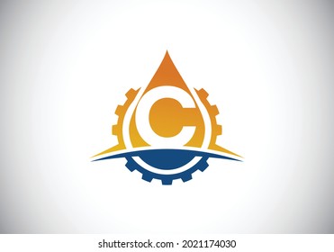 Alfabeto monograma C inicial con oscilación de engranajes y aceite. Concepto del logotipo del petróleo y el gas. emblema de letra. Logo vectorial moderno para negocios petroleros e identidad de la empresa