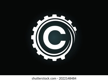 Alfabeto monograma C inicial en una espiral de engranajes. Diseño del logotipo del ingeniero de engranajes. Logotipo para automoción, mecánica, tecnológica, configuración, reparación de negocios e identidad de la empresa