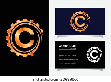 Alfabeto monograma C inicial en una espiral de engranajes. Diseño del logotipo del ingeniero de engranajes. Logotipo para el automóvil