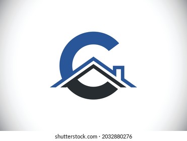 Initiales C-Monogramm-Alphabet mit dem Dach. Hausschild oder Hausschild. Konzept des Immobilienlogos. Schriftemblem. Modernes Vektorlogo für Immobiliengeschäft und Firmenidentität.
