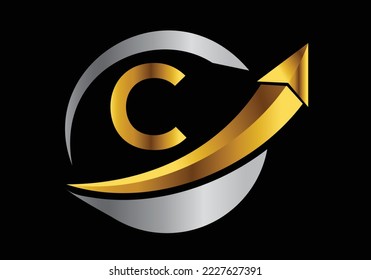 Diseño inicial del símbolo del alfabeto en monograma C incorporado con la flecha. Concepto de logotipo financiero o de éxito.