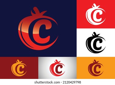 Initiales C-Monogramm-Alphabet mit Tomate. Design-Vorlage für das Logo von Tomato. Schriftemblem. Modernes Vektorlogo für die Bio-Lebensmittelindustrie und Firmenidentität