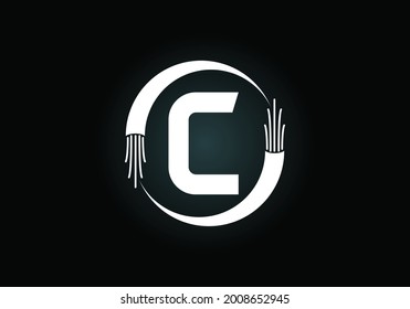 Initial C monogram letter alphabet with electric wire, optical fiber cable. Font emblem. Modern vector logo design for technology labels, electric business, and company identity