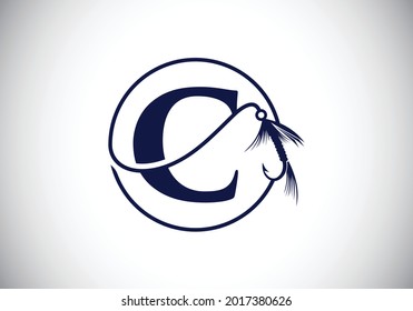 Initial C monogram letter alphabet with fishing Hook. Fishing logo concept vector illustration. Modern logo design for fishing shop, business, and company identity.