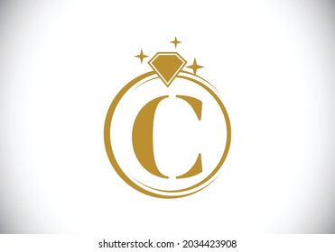 Alfabeto inicial de C monograma en un círculo con Diamante. Logo del anillo de diamantes. Concepto de diseño de logotipo de joyería. Logo vectorial moderno para identidad empresarial y de empresa.