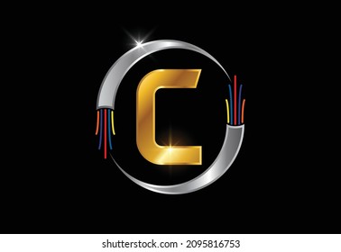 Initial C monogram letter alphabet with electric wire, optical fiber cable. Font emblem.