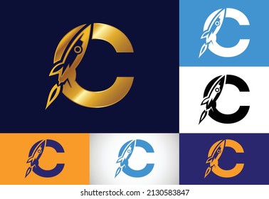 Alfabeto inicial de letra en monograma C con un diseño de logotipo Rocket. Icono de cohete. emblema de letra. Logo vectorial moderno para identidad empresarial y de empresa.