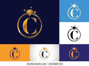 Alfabeto inicial de C monograma en un círculo con Diamante. Logo del Anillo de Diamantes. Concepto de diseño de logotipo de joyería. Logo vectorial moderno para identidad empresarial y de empresa.