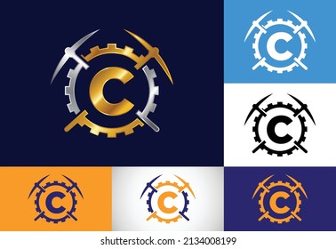 Initial C monogram letter alphabet with pickaxe and gear sign. Mining logo design concept. Modern vector logo for mining business and company identity