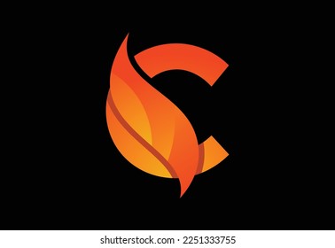 Letra inicial en monograma C con un cisne o llama. Llamas de fuego o ilustración vectorial de diseño cisne