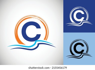 Initial C monogram letter with water ocean waves and the sun. Beach logo design concept