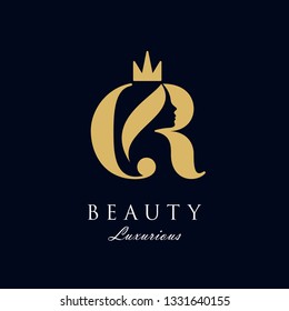 initial C R Royal beauty queen woman face with crown logo design, consisting of a entwined C and R with lady face on negative space with crown