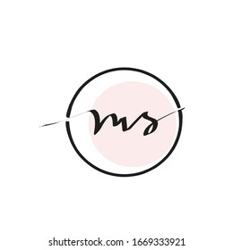 Initial Calligraphic Handwritten Logo ms lowercase letter. Clean design with a minimalist geometric circle, memorable branding, scalable EPS 10 vector. 