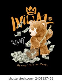 initial calligraphy slogan with bear doll brooming cash on black background