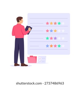 Initial Candidate Assessment, reviewing qualifications and experience carefully, Flat vector character illustration
