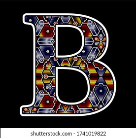 initial capital letter B with colorful dots. Abstract design inspired in mexican huichol beaded craft art style. Isolated on black background