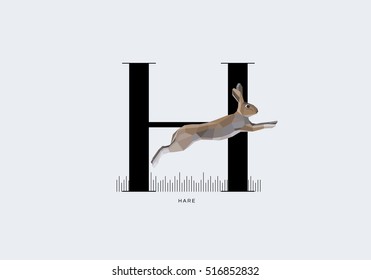 Initial capital letter H decorated with jumping hare rabbit in modern minimal style