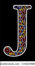 initial capital letter J with colorful dots. Abstract design inspired in mexican huichol beaded craft art style. Isolated on black background
