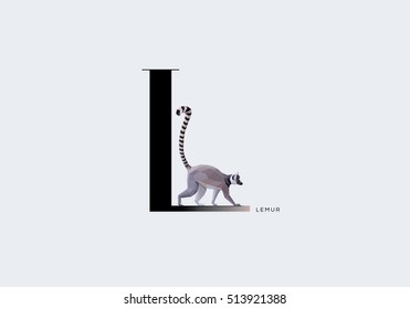 Initial capital letter L decorated with Lemur in modern minimal style