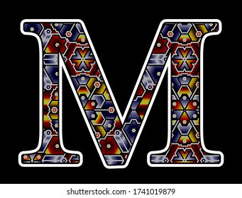 letra mayúscula inicial M con puntos coloridos. Diseño abstracto inspirado en el estilo mexicano de arte artesanal con abalorios de huichol. Aislado sobre fondo negro