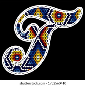 initial capital letter T with colorful dots. Abstract design inspired in mexican huichol beaded craft art style. Isolated on black background