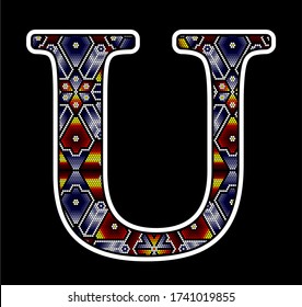 letra mayúscula inicial U con puntos coloridos. Diseño abstracto inspirado en el estilo mexicano de arte artesanal con abalorios de huichol. Aislado sobre fondo negro