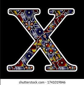 initial capital letter X with colorful dots. Abstract design inspired in mexican huichol beaded craft art style. Isolated on black background
