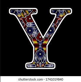 initial capital letter Y with colorful dots. Abstract design inspired in mexican huichol beaded craft art style. Isolated on black background