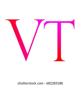 The initial capital V, and combined with the letter T, and combination of red and pink on the white background