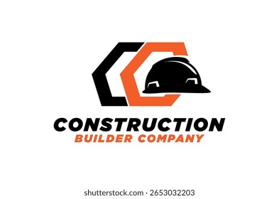 Initial CC letter logo design, Construction company featuring a hardhat and hexagon.