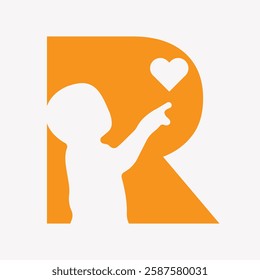 Initial Charity Logo On Letter R Combine With Baby Holding Hear Symbol