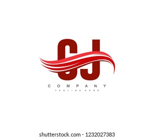 Initial CJ Letter Linked Red Swoosh Wave Flying Wings Logotype